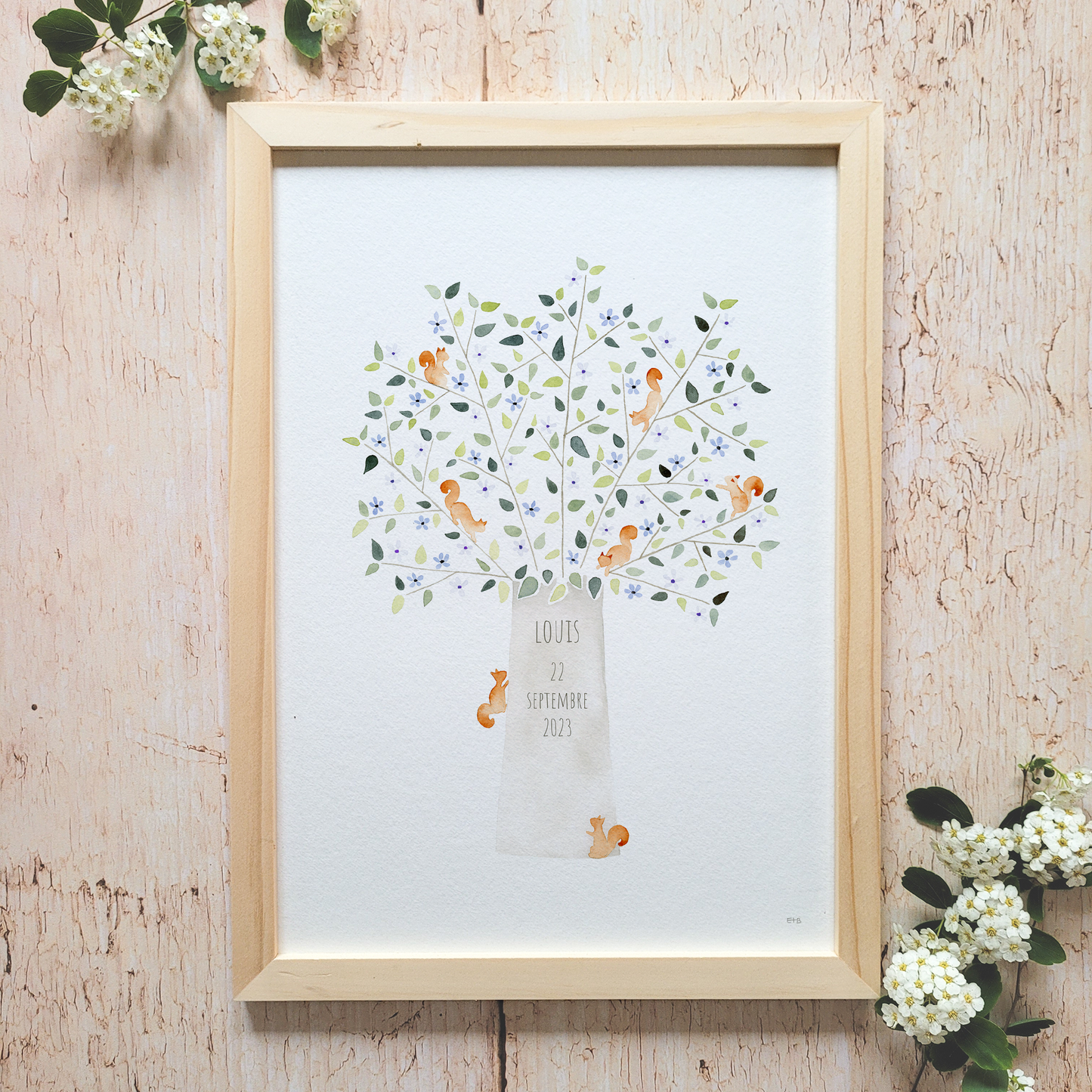 Affiche personnalisable enfant · Aquarelle "L'arbre aux écureuils" · Bleu