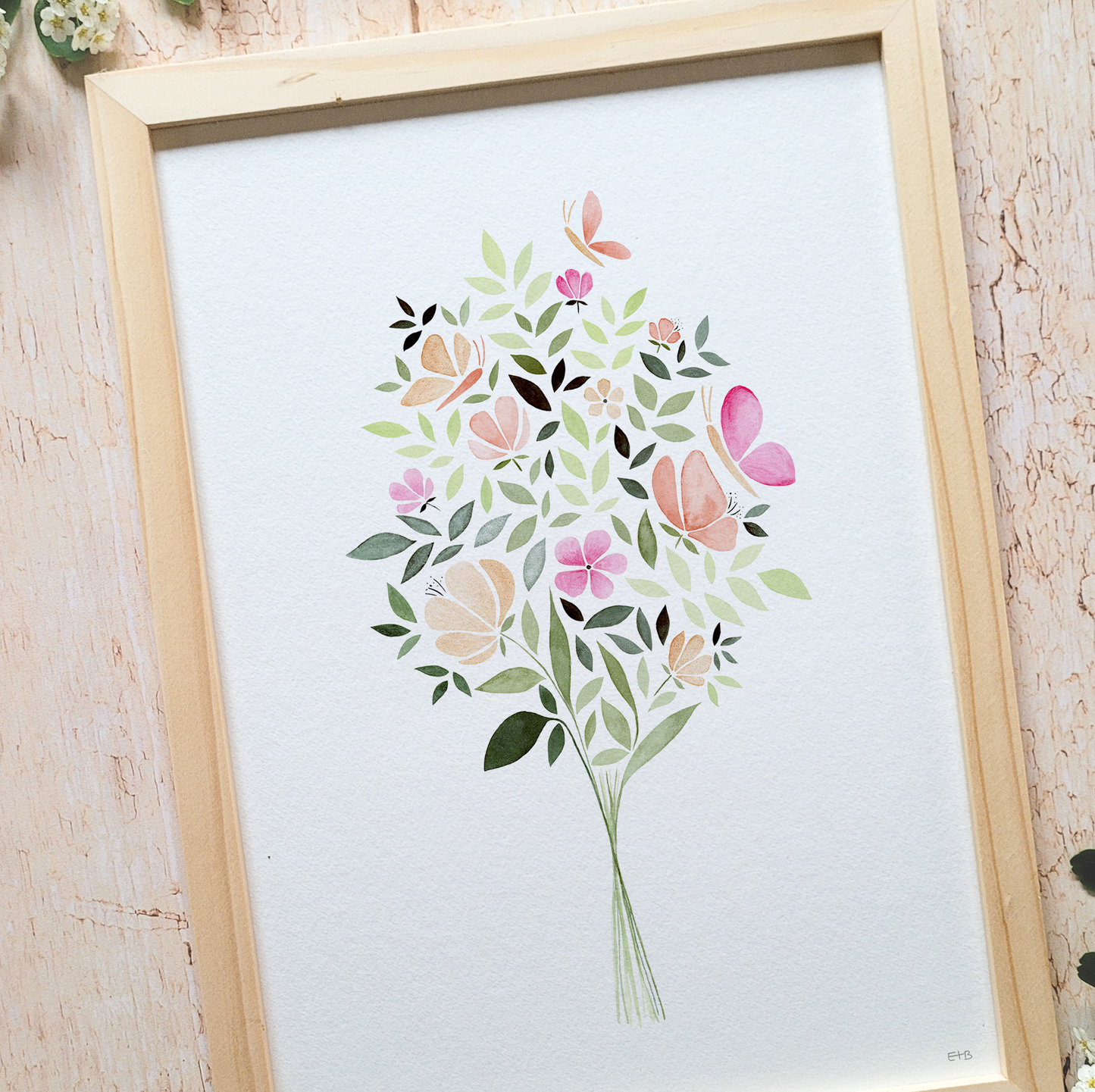 Affiche florale aquarelle · "Bouquet papillon" · Texte personnalisable