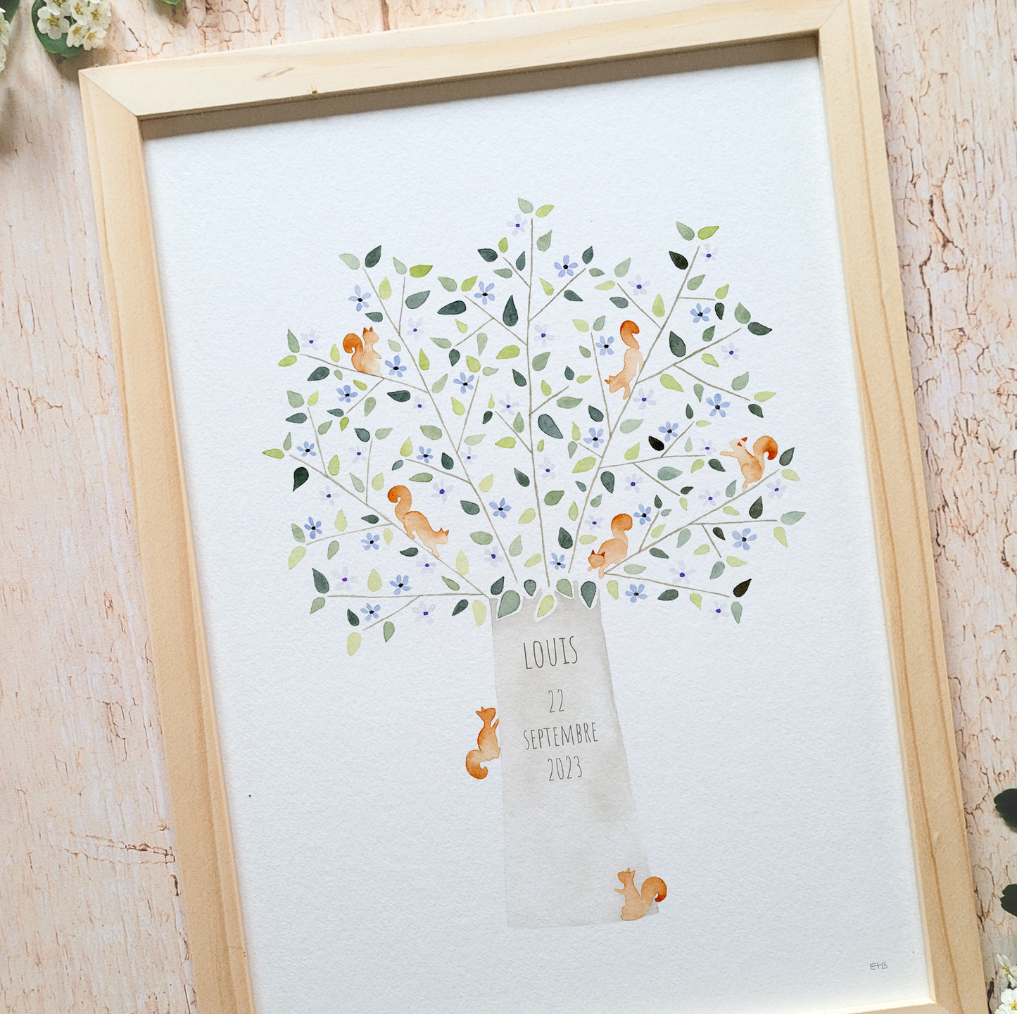 Affiche personnalisable enfant · Aquarelle "L'arbre aux écureuils" · Bleu