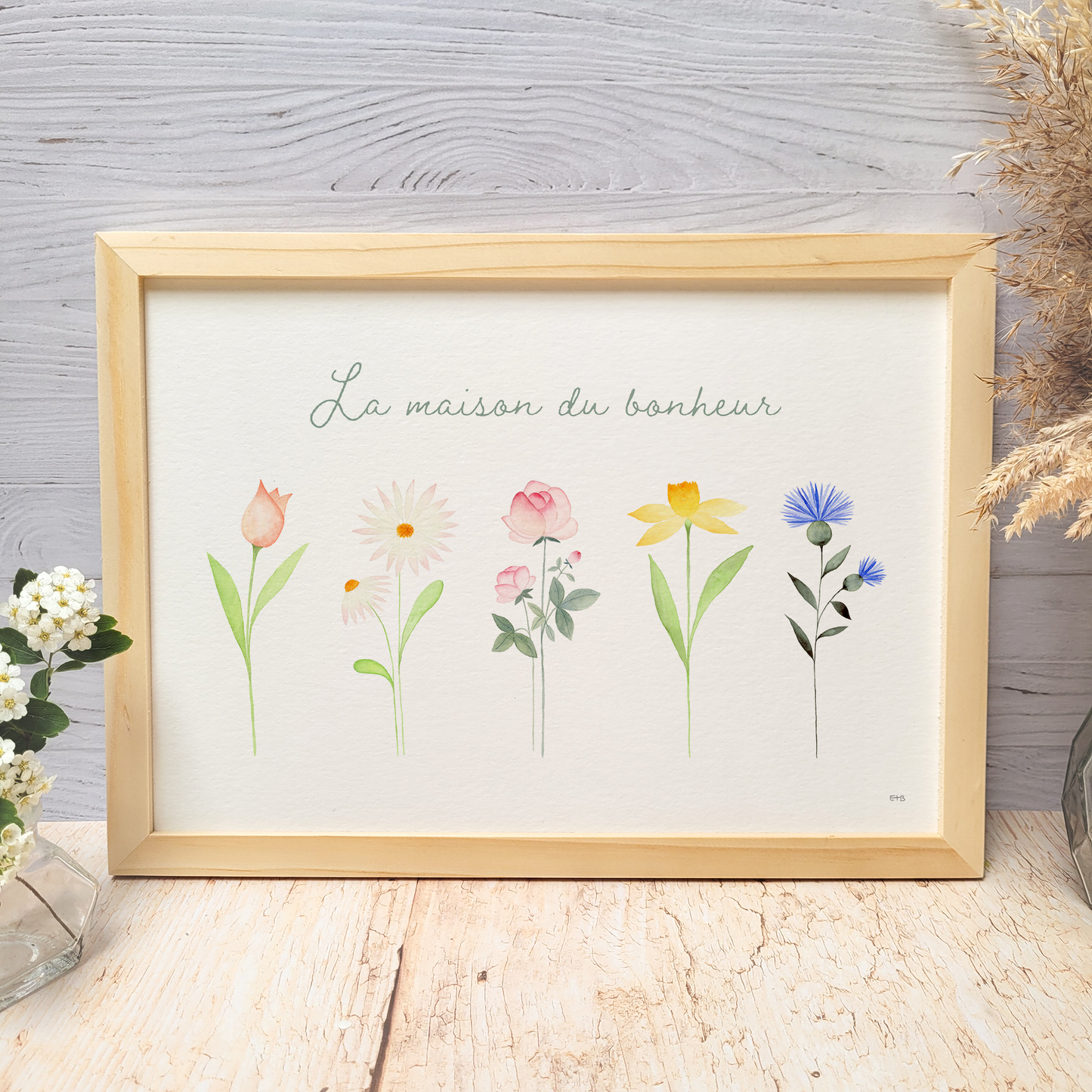 Affiche florale aquarelle · "La maison du bonheur" · Texte personnalisable