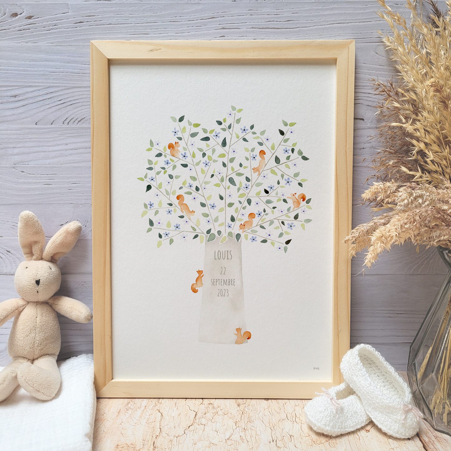 Affiche personnalisable enfant · Aquarelle "L'arbre aux écureuils" · Bleu