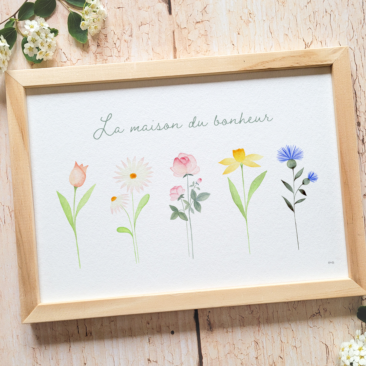 Affiche florale aquarelle · "La maison du bonheur" · Texte personnalisable