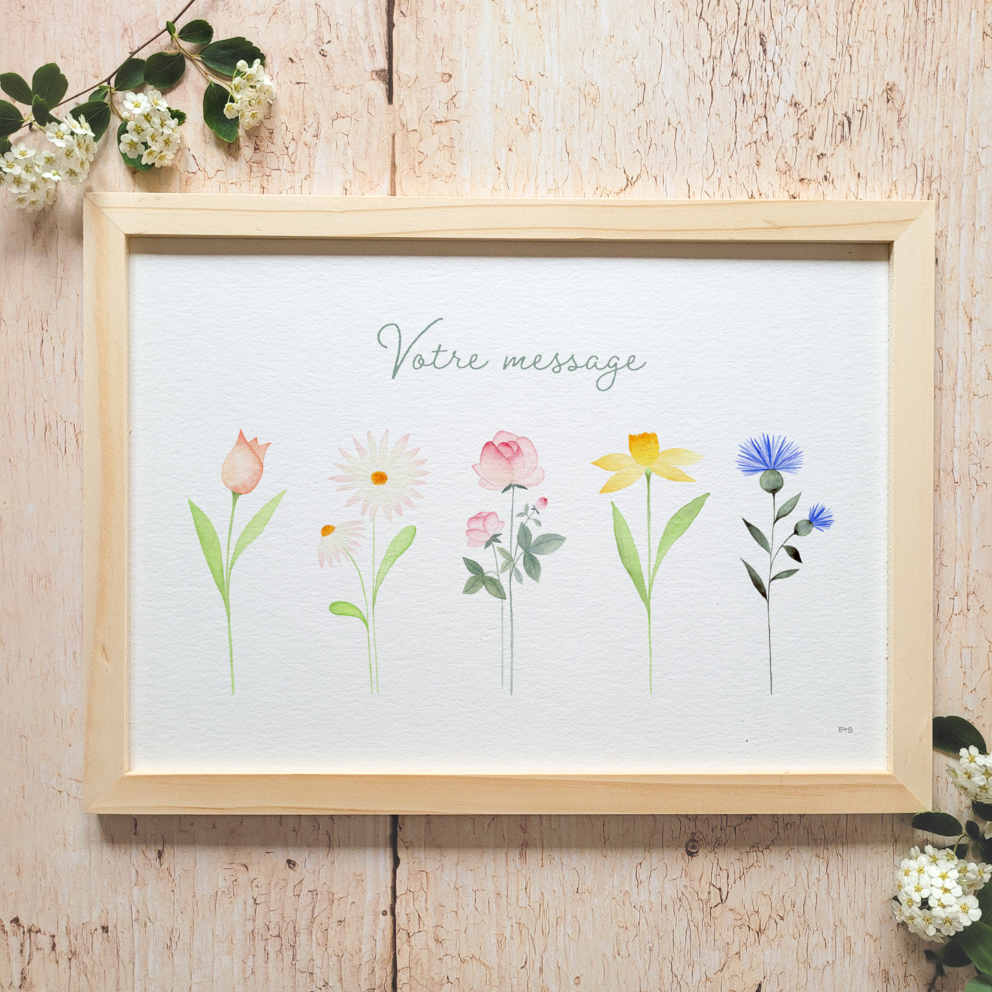 Affiche florale aquarelle · "La maison du bonheur" · Texte personnalisable