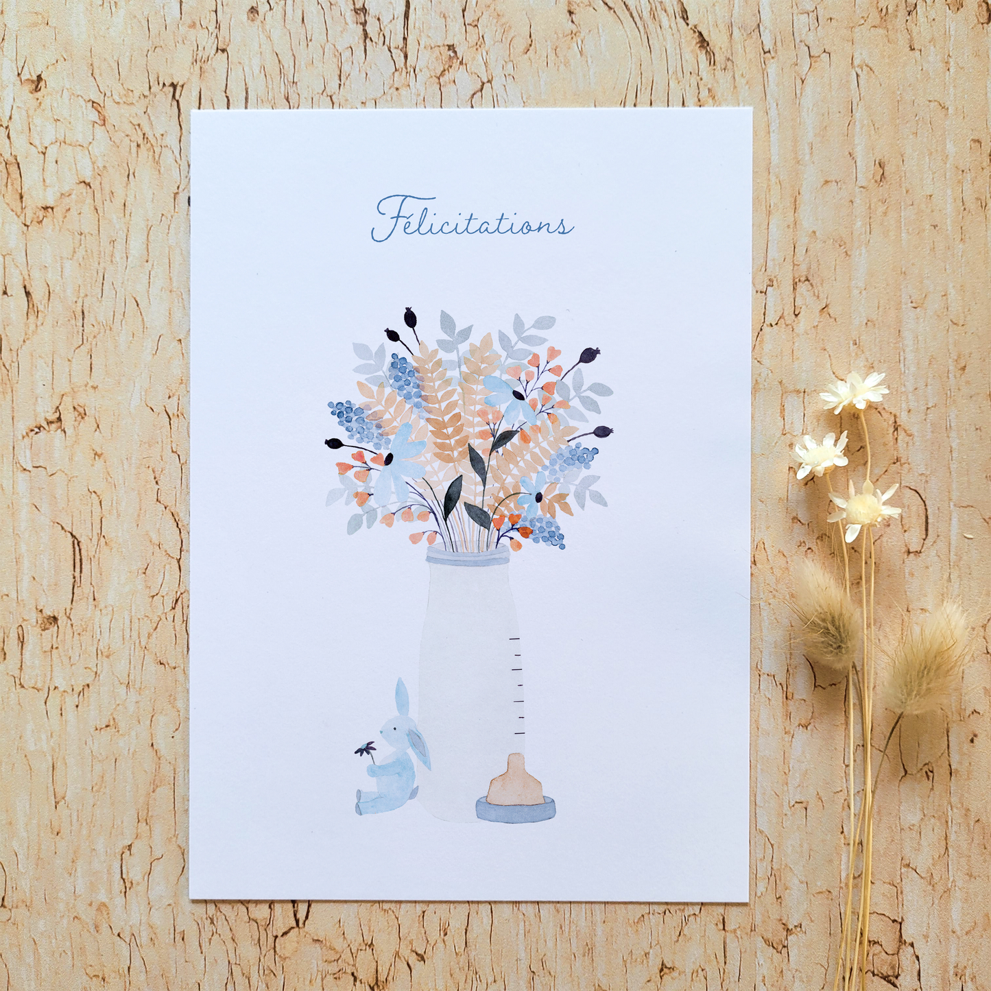 Carte de vœux · "Biberon" bleu · Félicitations