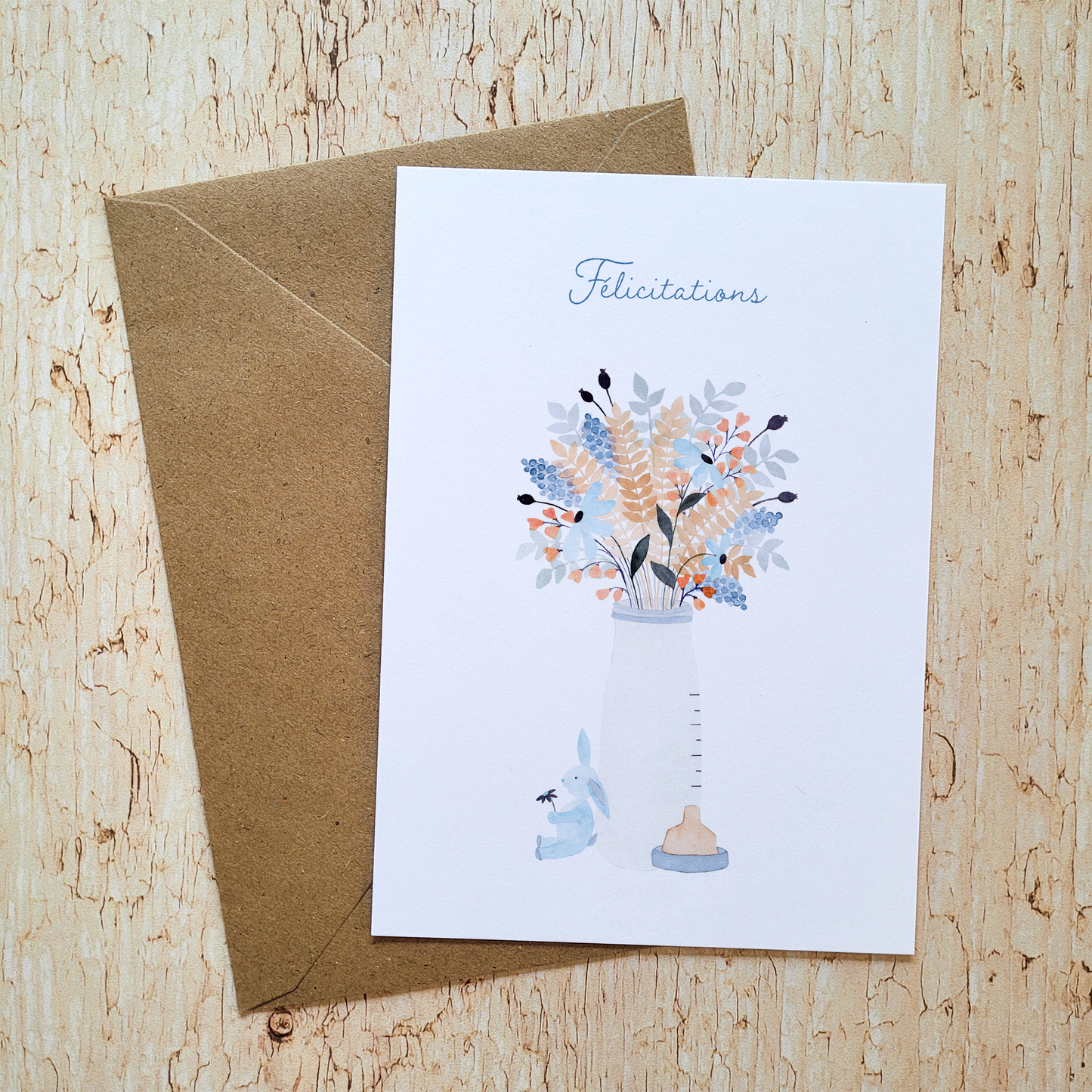 Carte de vœux · "Biberon" bleu · Félicitations