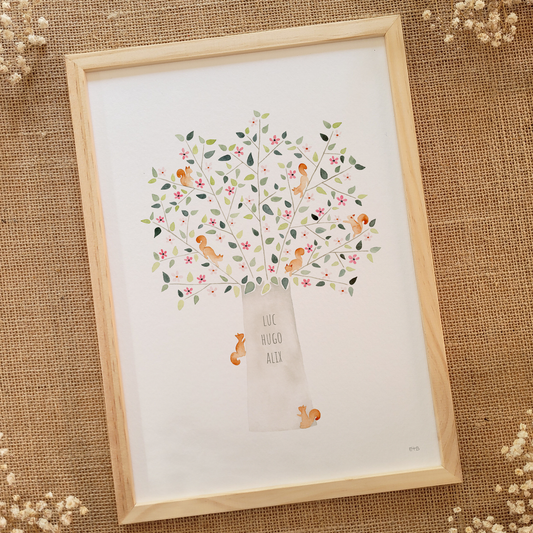 Affiche famille "L'arbre aux écureuils" - Rose - A5, A4, A3