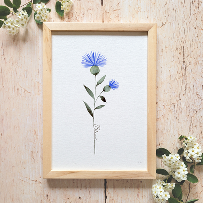 Affiche florale aquarelle · "Le bleuet" · Texte personnalisable