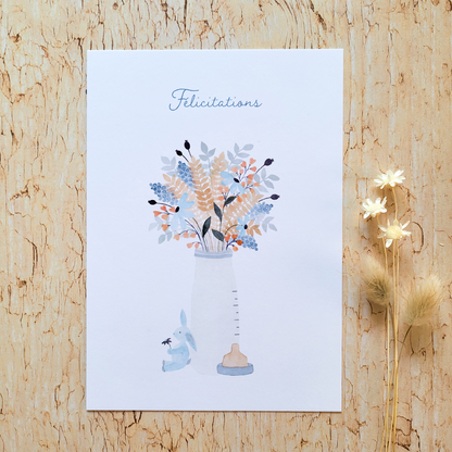 Carte de vœux · "Biberon" bleu · Félicitations